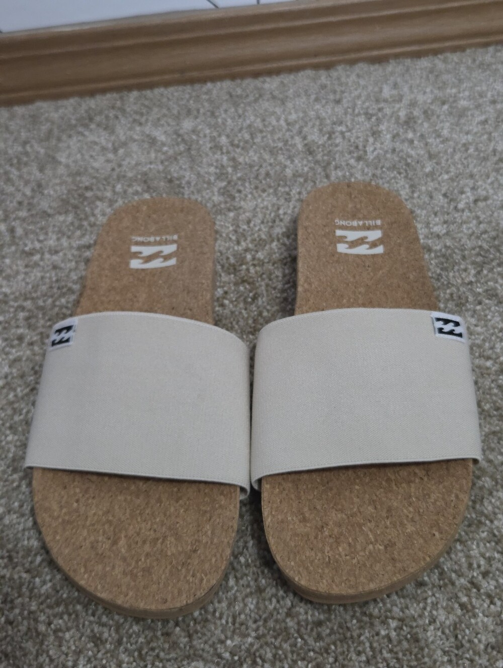 NWOT Billabong Summer Cork Slide Sandals Stretchy Cream Fabric Strap, Women’s 9